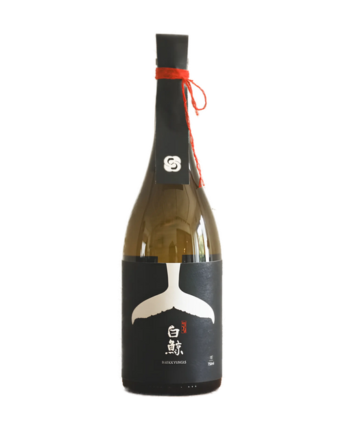 A bottle of premium Korean rice wine featuring a black label with a white whale tail graphic and red accents, set against a plain white background. Baekkyung 15 Premium - yakju - cult