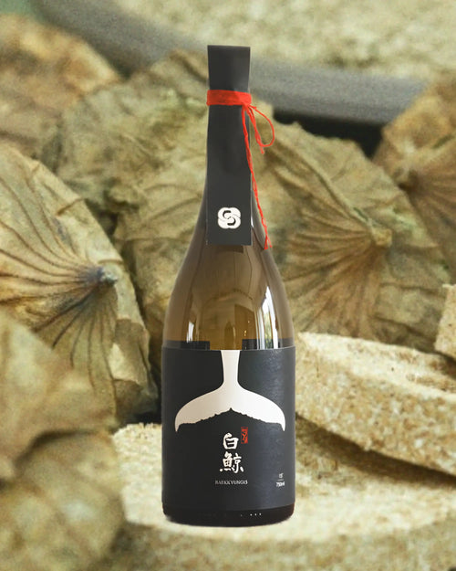 A bottle of premium Korean rice wine featuring a black paper label with a white whale tail graphic and red string, set against a background of nuruk cakes wrapped in lotus leaves. Baekkyung 15 Premium - yakju - cult