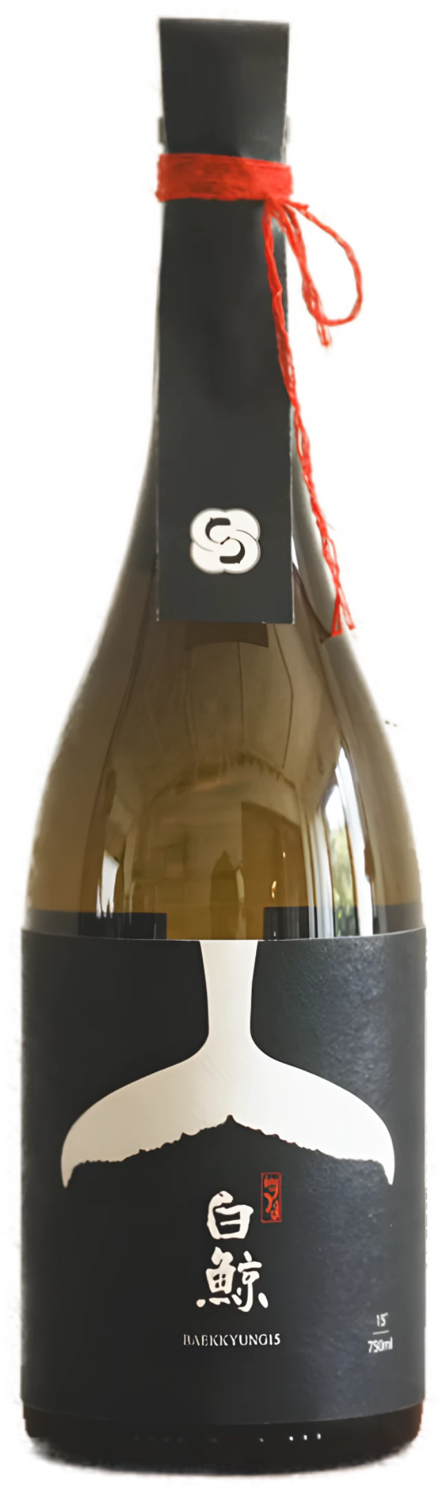 A bottle of premium Korean rice wine featuring a black label with a white whale tail graphic and red accents. Baekkyung 15 Premium - yakju - cult