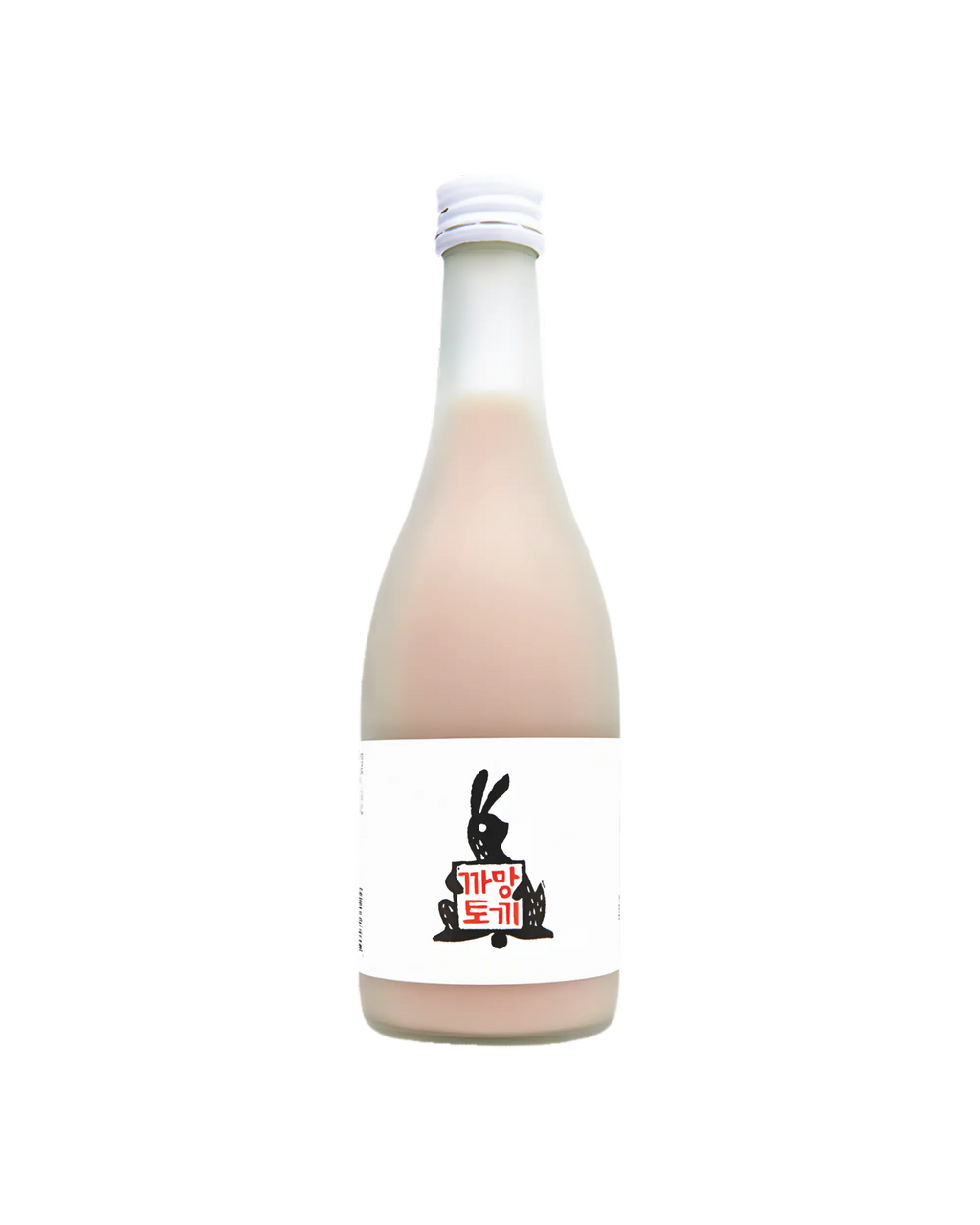 A frosted glass bottle filled with an opaque pale pink liquid (omija makgeolli), featuring a white label with a black rabbit illustration holding a red sign that reads 'Black Rabbit'.

Black Rabbit Makgeolli - Sulsaem - cultsool