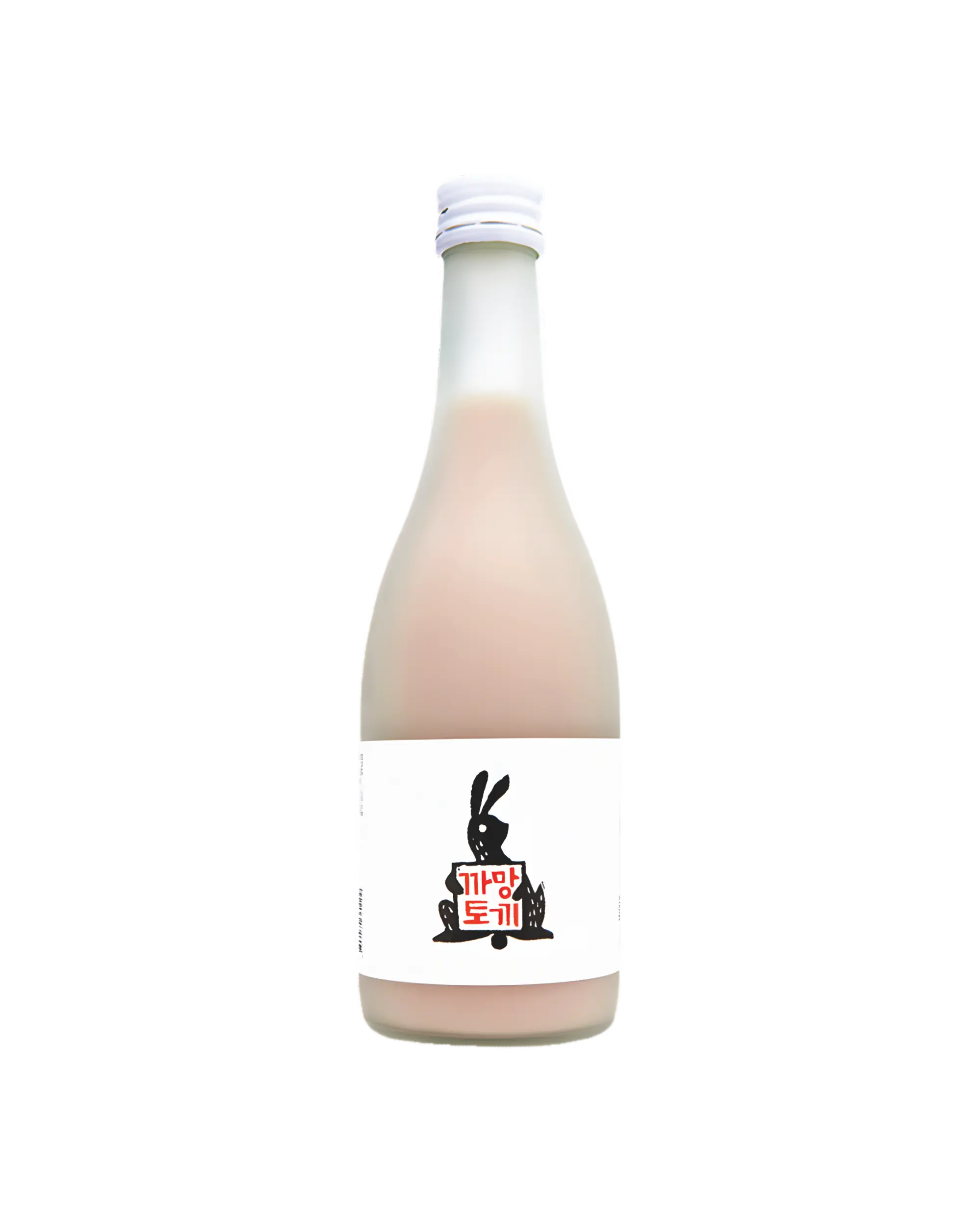 A frosted glass bottle filled with an opaque pale pink liquid (omija makgeolli), featuring a white label with a black rabbit illustration holding a red sign that reads 'Black Rabbit'.

Black Rabbit Makgeolli - Sulsaem - cultsool