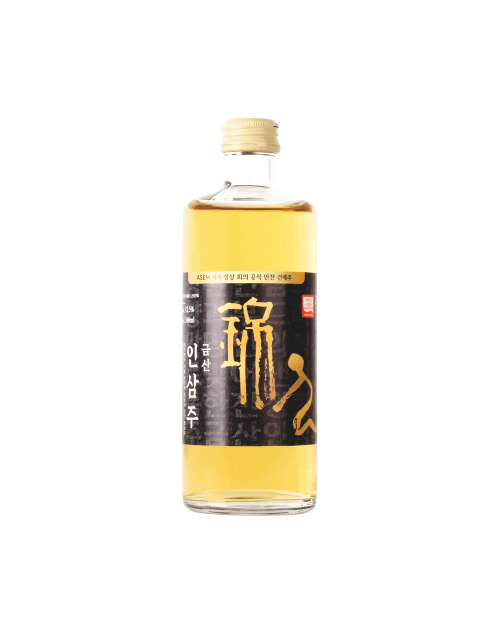 A 375 ml bottle of Korean rice wine (Geumsan Insamju - ginseng wine) with a gold cap and a white label featuring black calligraphy, set against a plain white background.

Geumsan Ginseng Wine - Geumsan Insamju - cultsool