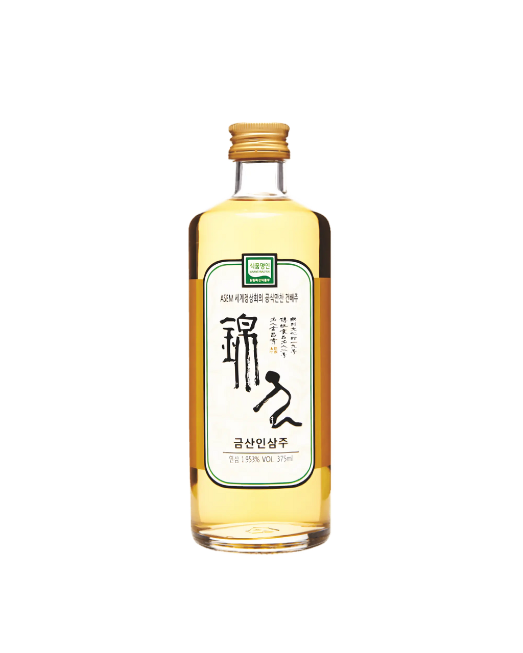 A 375 ml bottle of Korean rice wine (Geumsan Insamju - ginseng wine) with a gold cap and a white label featuring black calligraphy, set against a plain white background.

Geumsan Ginseng Wine - Geumsan Insamju - cultsool