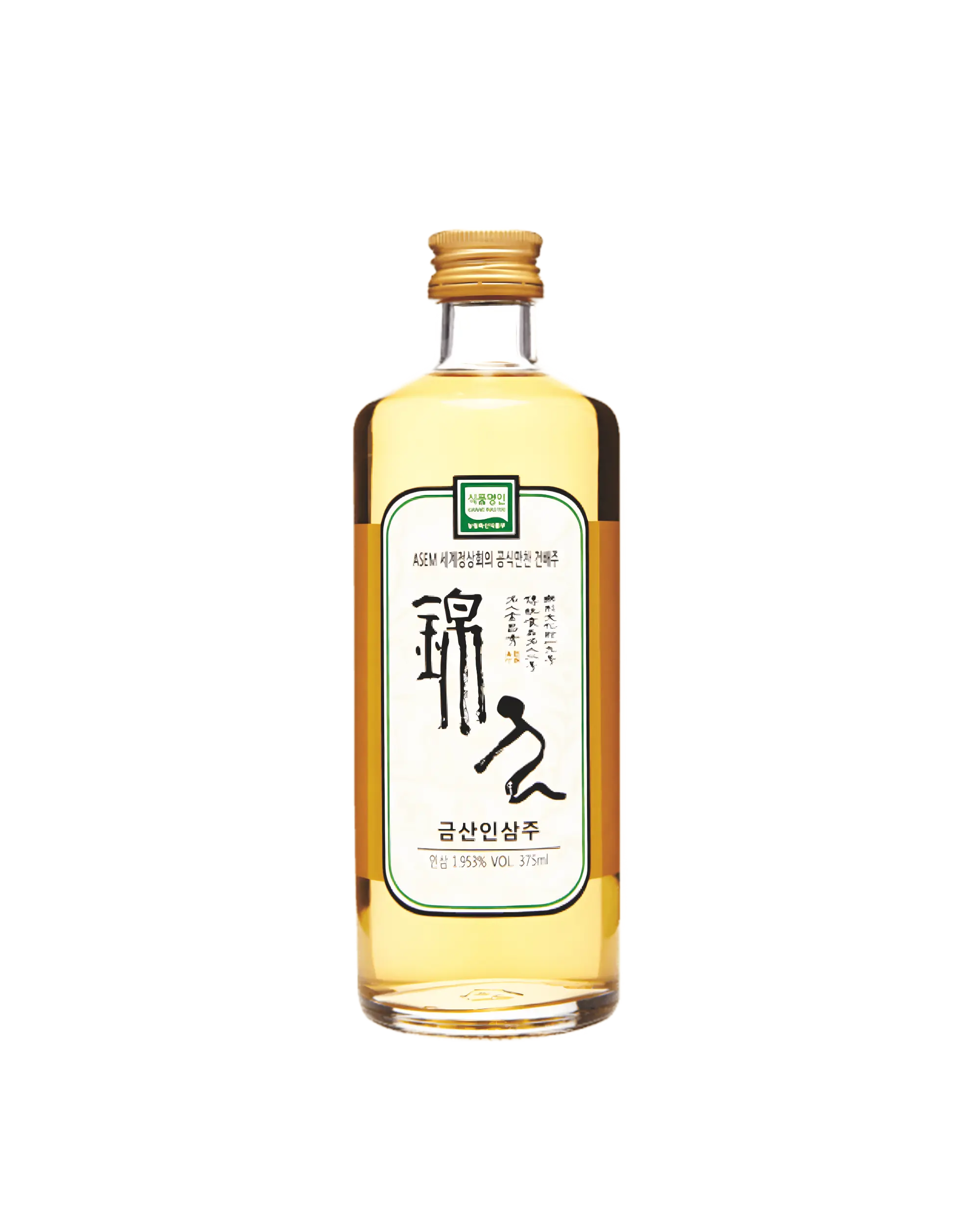 A 375 ml bottle of Korean rice wine (Geumsan Insamju - ginseng wine) with a gold cap and a white label featuring black calligraphy, set against a plain white background.

Geumsan Ginseng Wine - Geumsan Insamju - cultsool