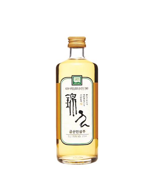 A 375 ml bottle of Korean rice wine (Geumsan Insamju - ginseng wine) with a gold cap and a white label featuring black calligraphy, set against a plain white background.

Geumsan Ginseng Wine - Geumsan Insamju - cultsool