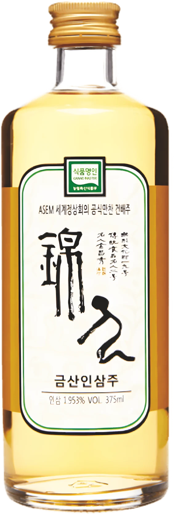A bottle of Korean traditional alcohol (Geumsan Insamju - ginseng wine) with a gold cap and a white label featuring black calligraphy, set against a plain white background.

Geumsan Ginseng Wine - Geumsan Insamju - cultsool