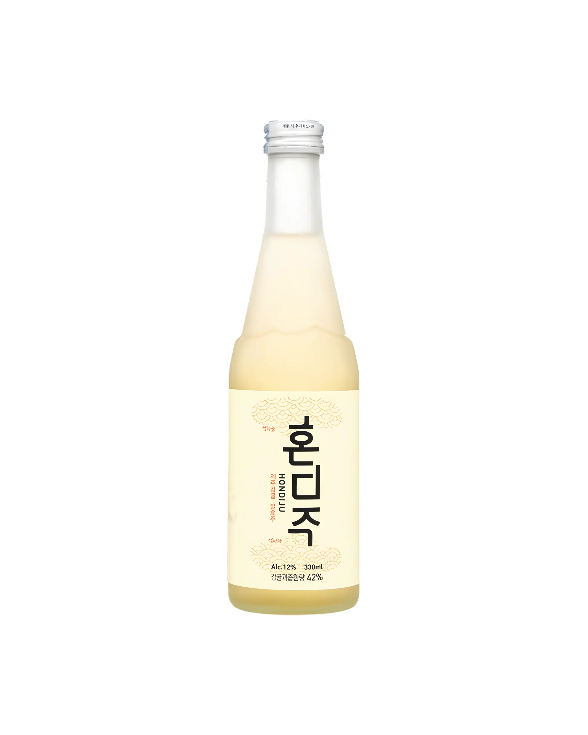 A single bottle of Korean citrus wine with a cream-colored label and silver cap, centered on a solid white background. Hondiju - Citrus Brewery - cult