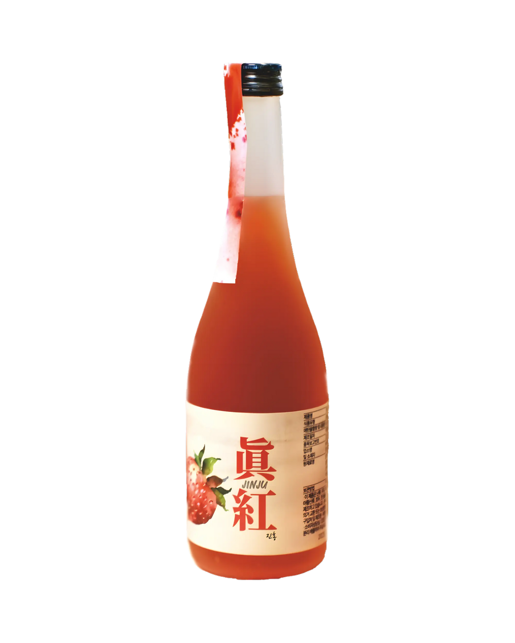 Bottle of red Korean fruit wine with a label featuring Hanja text and images of strawberries. Jinju Strawberry (Ddalgi) Wine - Good Tomorrow Brewery - cult.