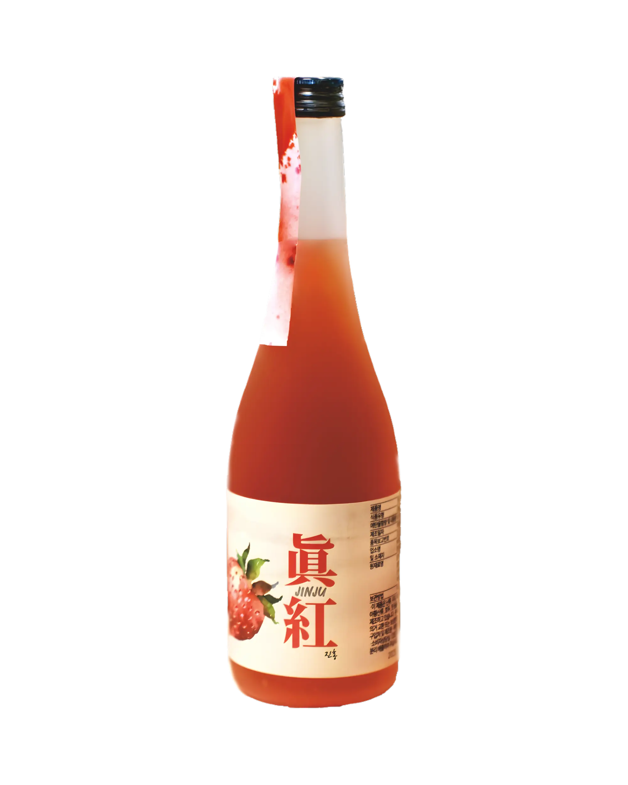Bottle of red Korean fruit wine with a label featuring Hanja text and images of strawberries. Jinju Strawberry (Ddalgi) Wine - Good Tomorrow Brewery - cult.