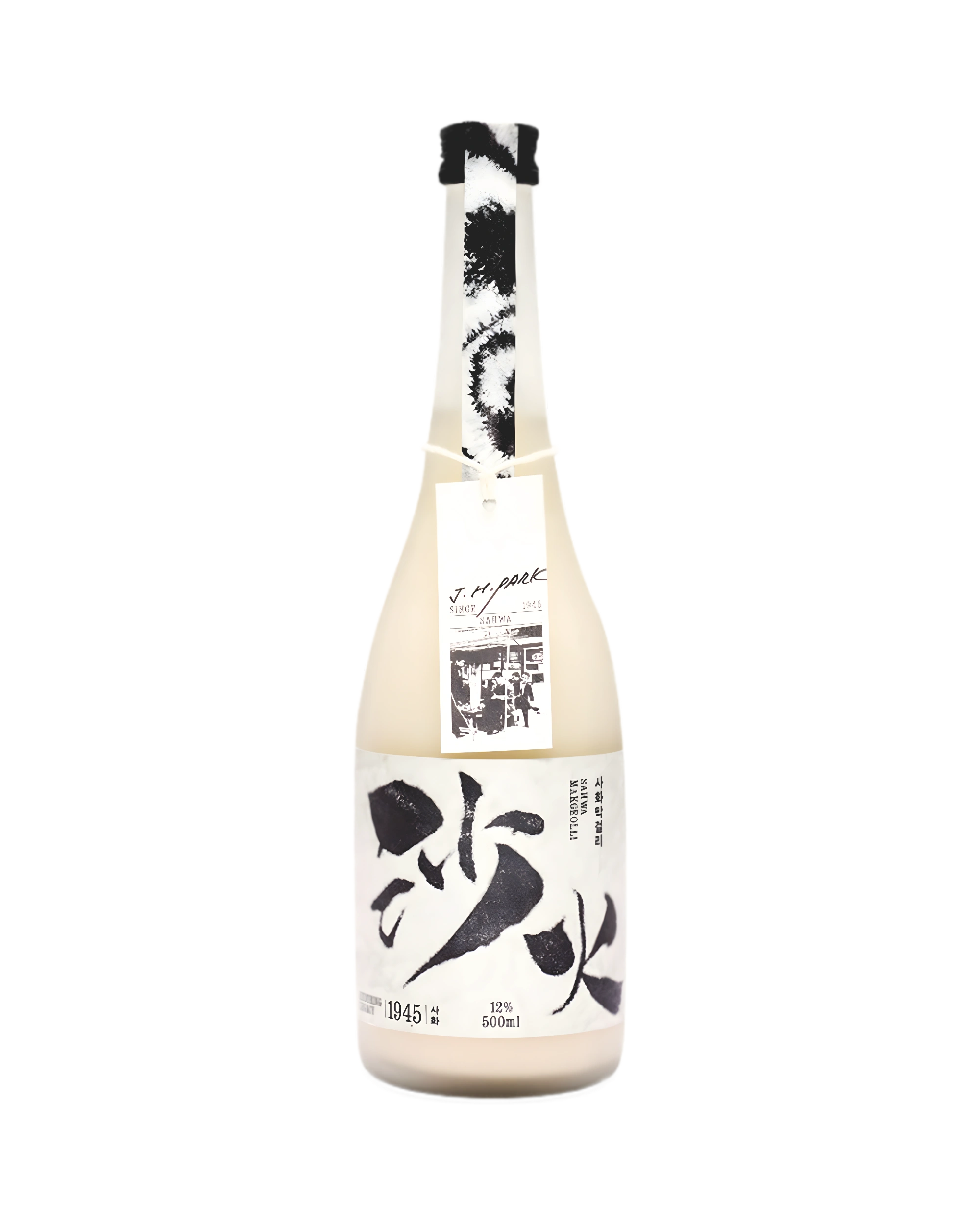 Bottle of creamy white Korean rice wine (makgeolli) with a hanging product tag and white label with black-and-white calligraphy design against a white background.

Sahwa Makgeolli - Good Tomorrow Brewery - cultsool