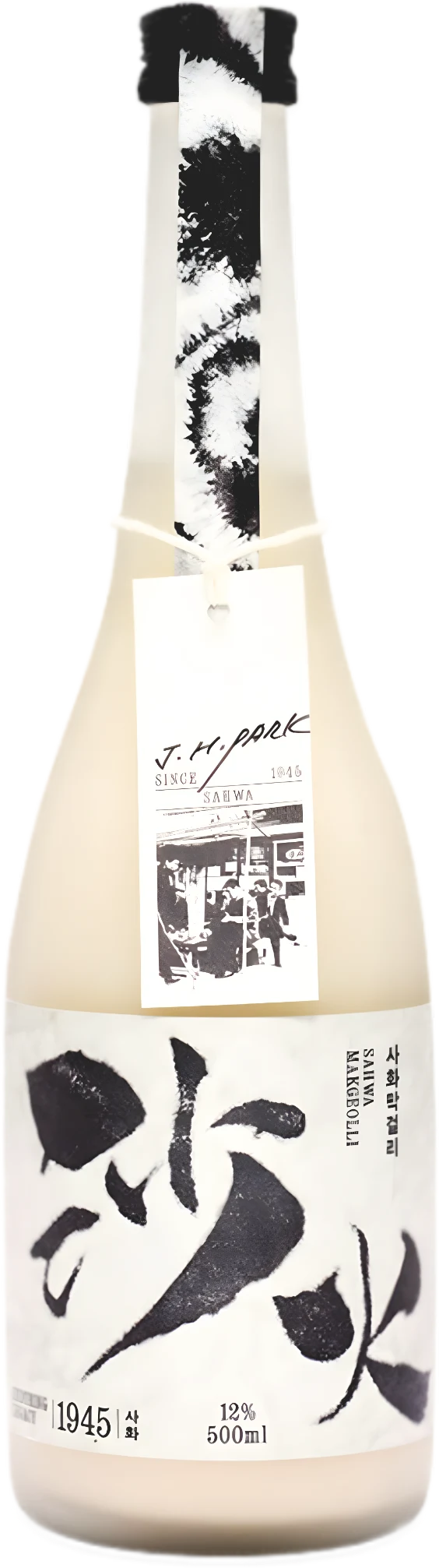 Bottle of Korean unfiltered rice wine (makgeolli) with a hanging product tag and white label with black-and-white calligraphy design against a white background.

Sahwa Makgeolli - Good Tomorrow Brewery - cultsool