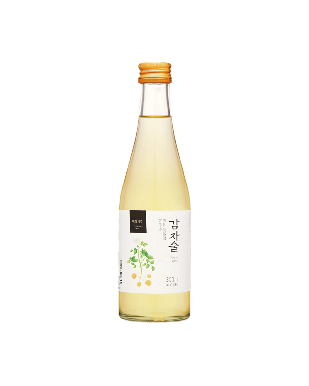 A 300ml glass bottle of Korean rice-and-potato wine with a white label and a gold cap, shown on a plain white background. Seoju Gamjasool - Odae Seoju - cult 