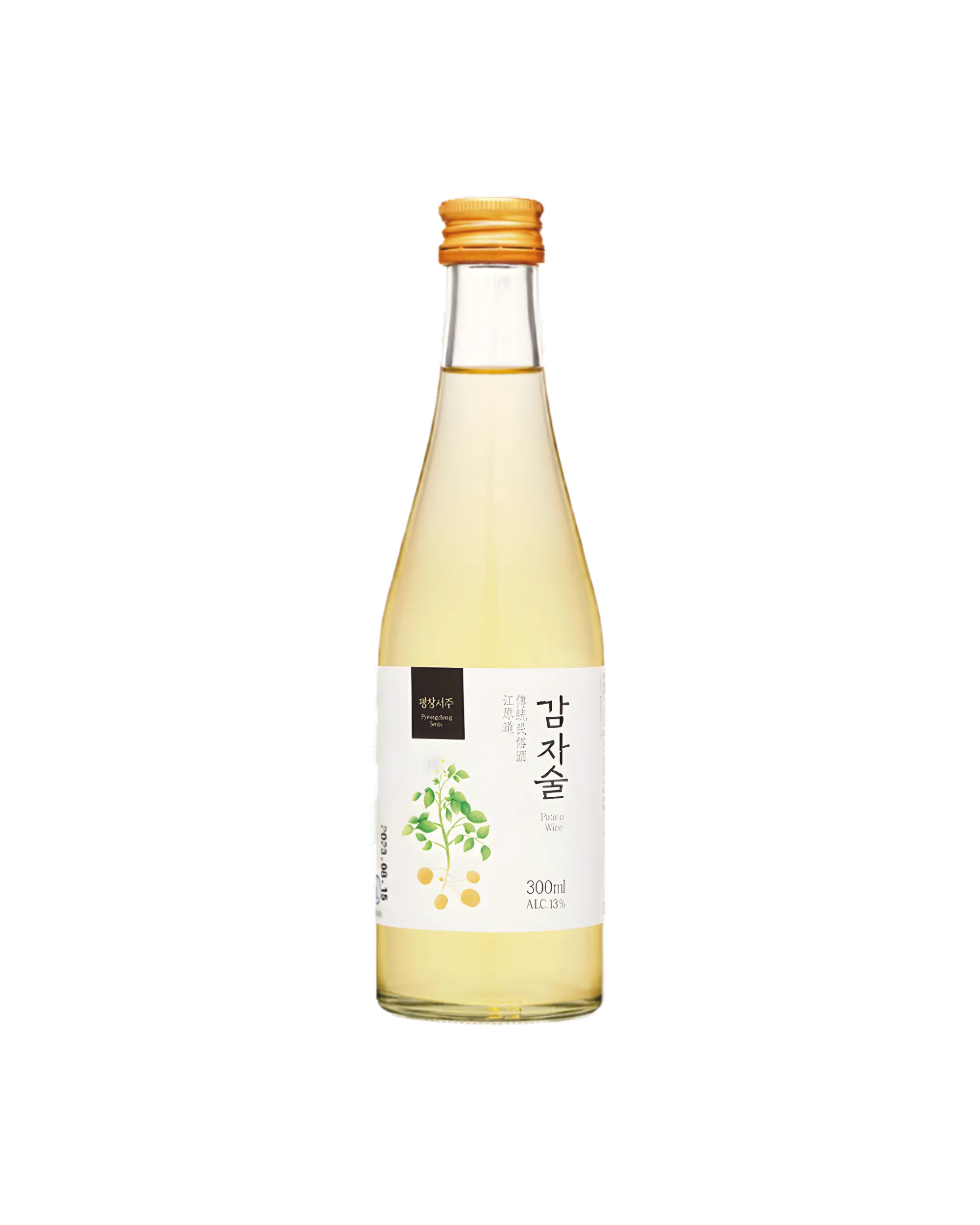 A 300ml glass bottle of Korean rice-and-potato wine with a white label and a gold cap, shown on a plain white background. Seoju Gamjasool - Odae Seoju - cult 