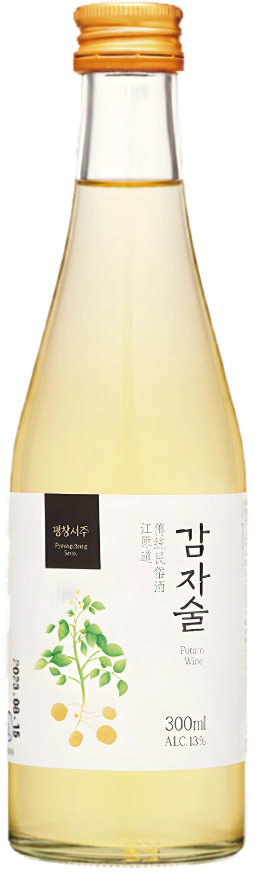 A 300ml glass bottle of Korean rice-and-potato wine with a white label and a gold cap, shown on a plain white background. Seoju Gamjasool - Odae Seoju - cult 