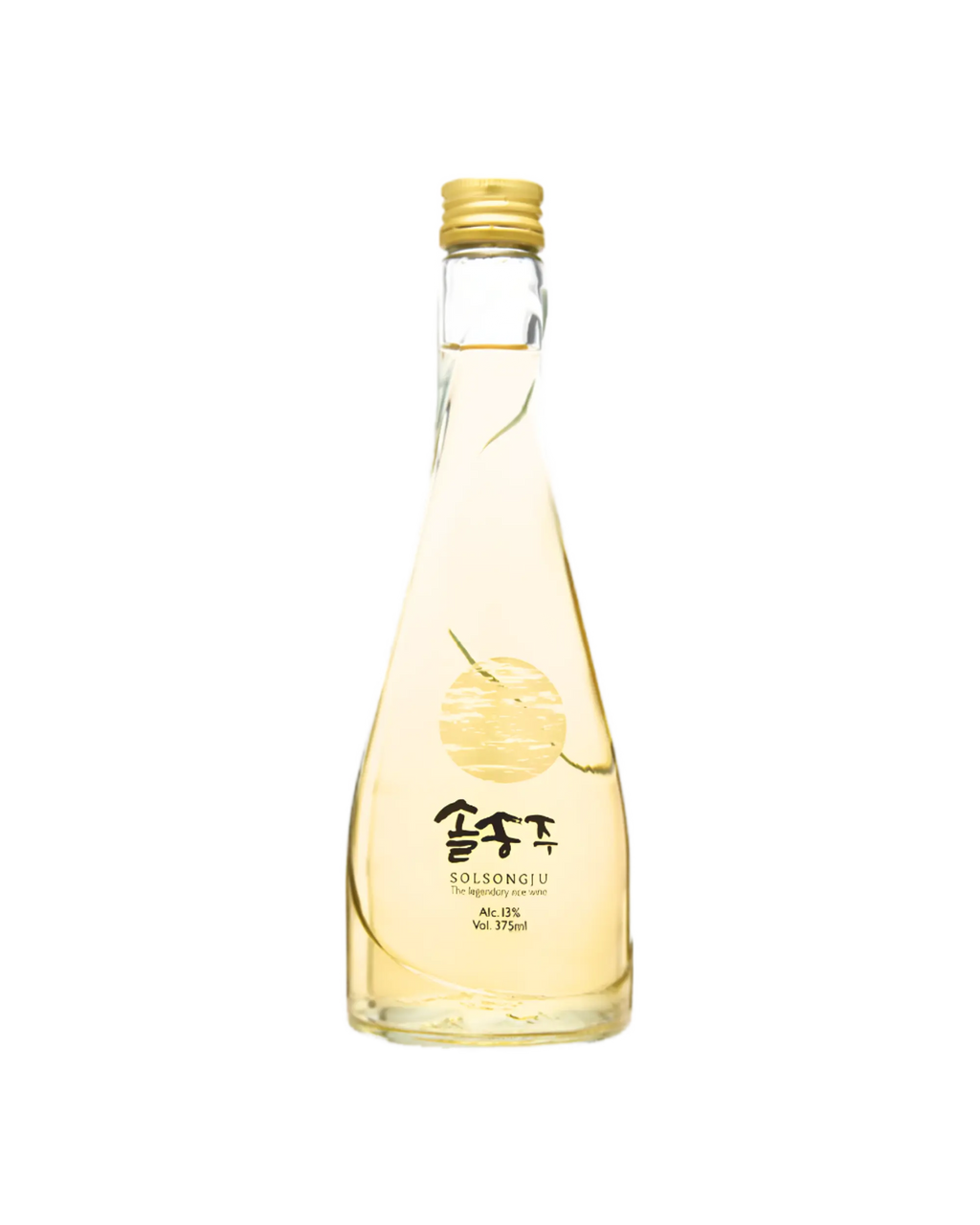 A clear glass bottle of Korean traditional liquor with a gold cap, filled with pale golden liquid, featuring a gold circular graphic and Korean text on the front, isolated on a white background.

Solsongju - pine yakju - cultsool