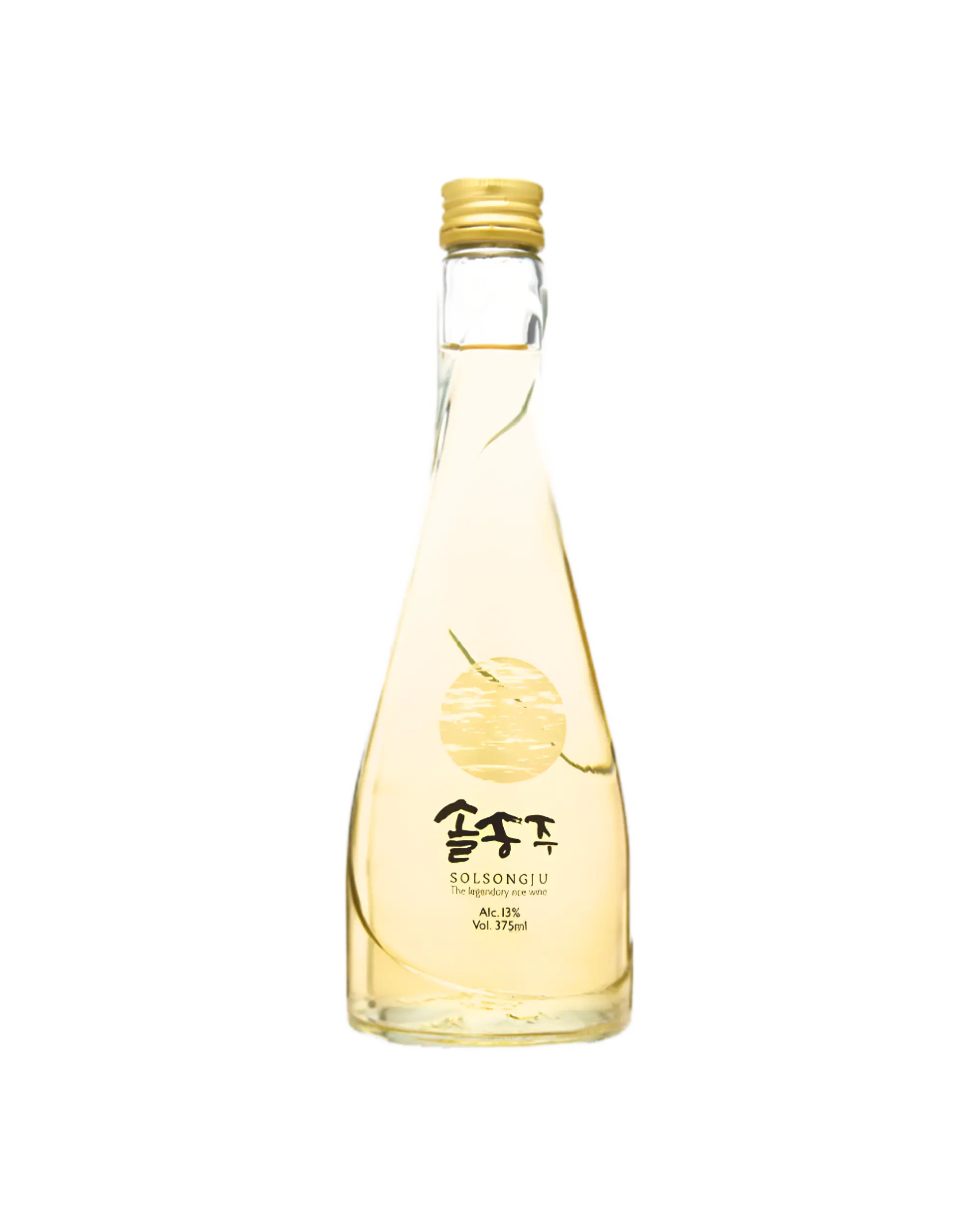 A clear glass bottle of Korean traditional liquor with a gold cap, filled with pale golden liquid, featuring a gold circular graphic and Korean text on the front, isolated on a white background.

Solsongju - pine yakju - cultsool