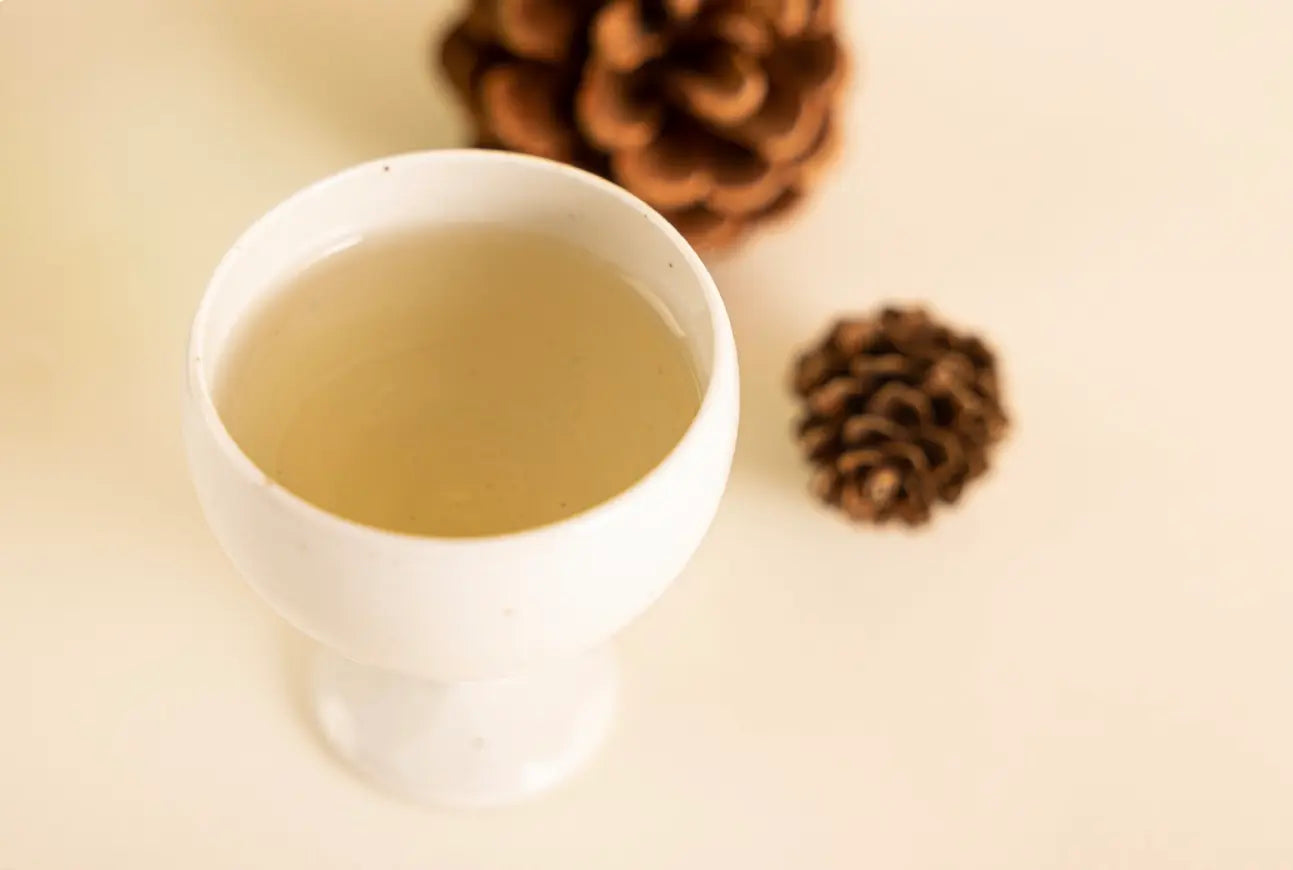 A white ceramic cup filled with a pale yellow liquid, set against a warm cream background with blurred pinecones behind it.

Solsongju - pine yakju - cultsool
