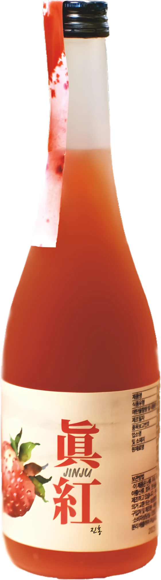 Red bottle of Korean fruit wine with a label featuring Hanja text and images of strawberries. Jinju Strawberry (Ddalgi) Wine - Good Tomorrow Brewery - cult.