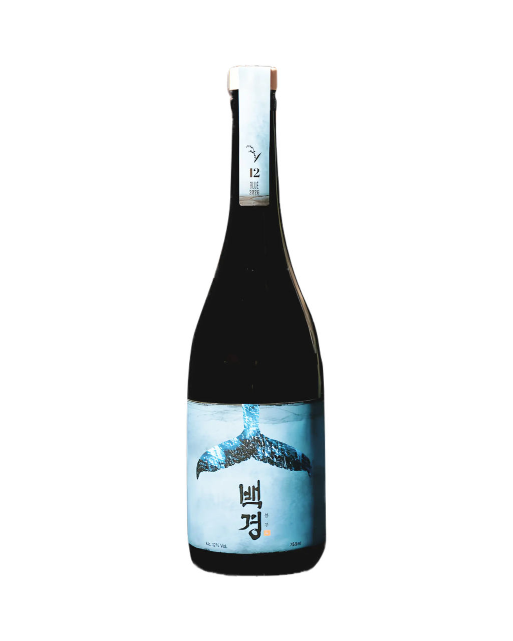 A dark glass bottle of Korean rice wine (Sake) with a light blue label featuring a whale tail graphic and Korean text, set against a plain white background. Baekkyung Blue - yakju - cult