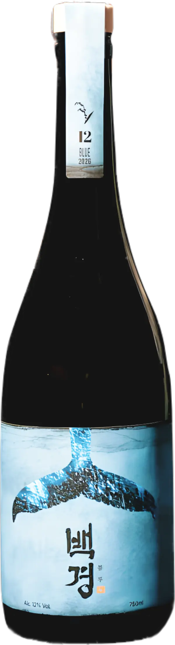 A dark glass bottle of Korean rice wine (Sake) with a light blue label featuring a whale tail graphic and Korean text, set against a plain white background. Baekkyung Blue - yakju - cult