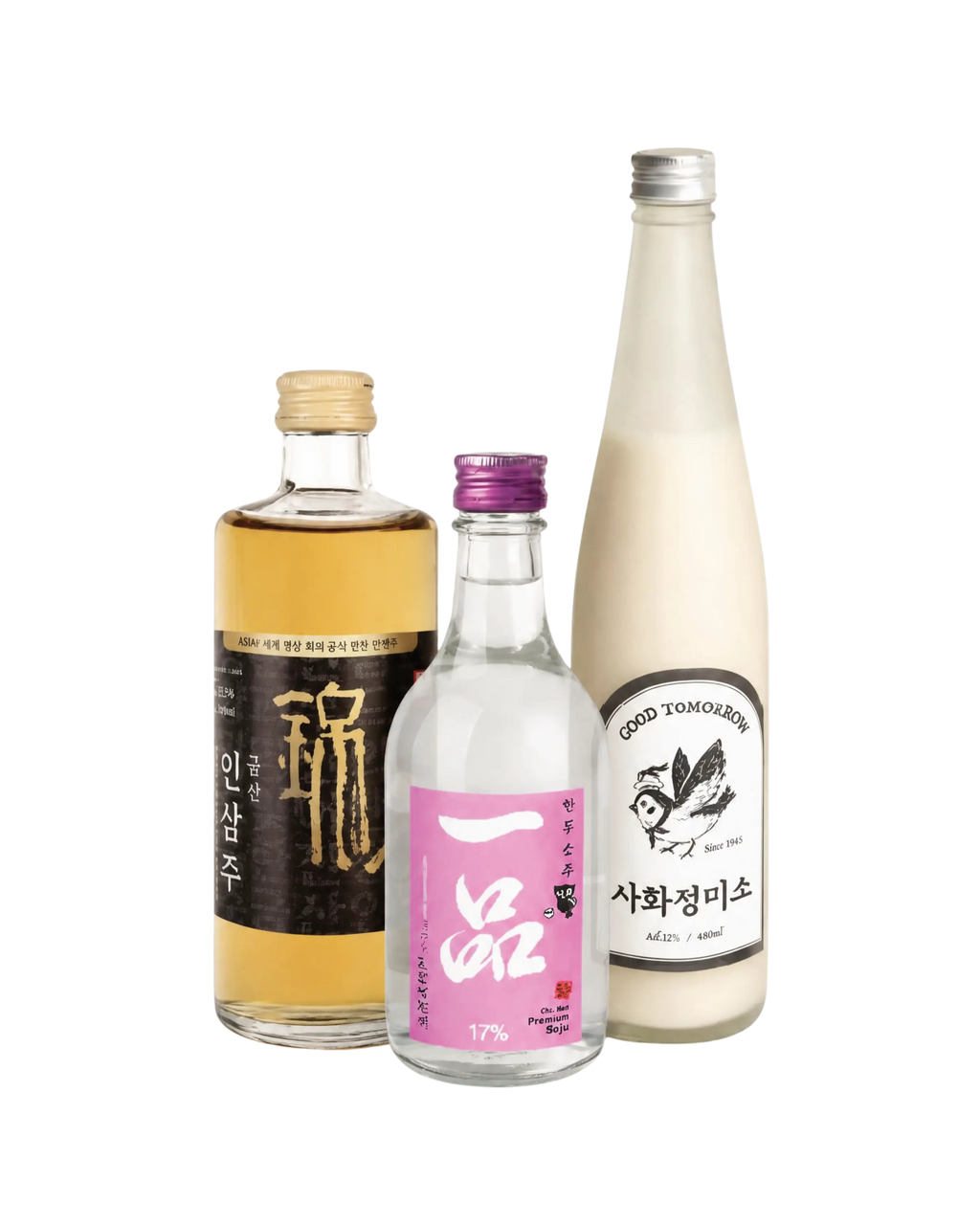 Three Korean liquor bottles arranged together on a plain white background: a taller bottle with amber liquid and a black label on the left, a small clear bottle with a pink label in the center, and a tall cream-colored bottle with a silver cap on the right.