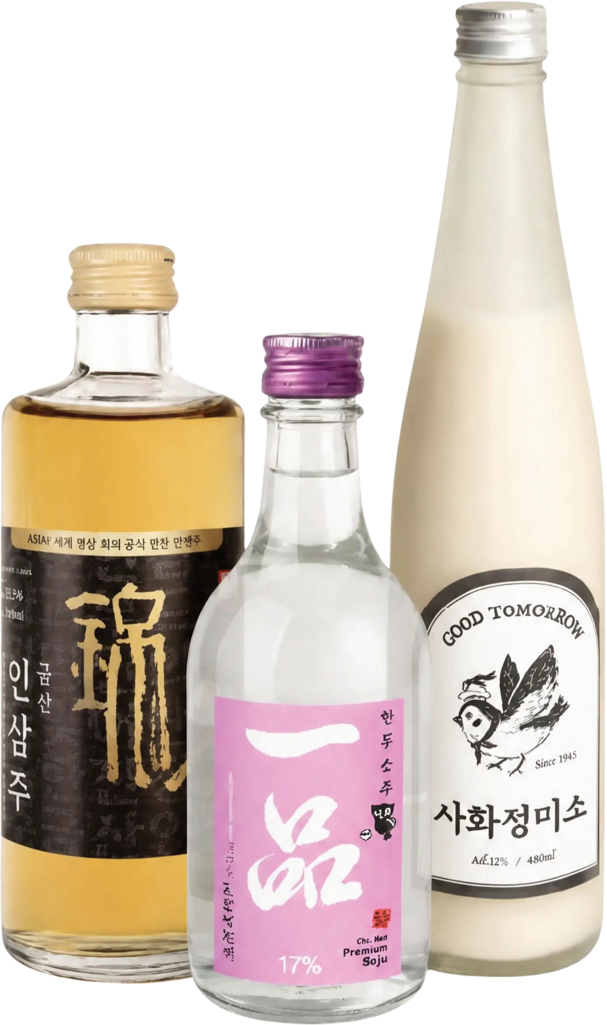 Three Korean liquor bottles grouped together on a plain white background: a small amber-toned bottle with a black label on the left, a clear bottle with a pink label in the center, and a tall off-white bottle with a black-and-white label on the right. Visible text includes GOOD TOMORROW on the right label.