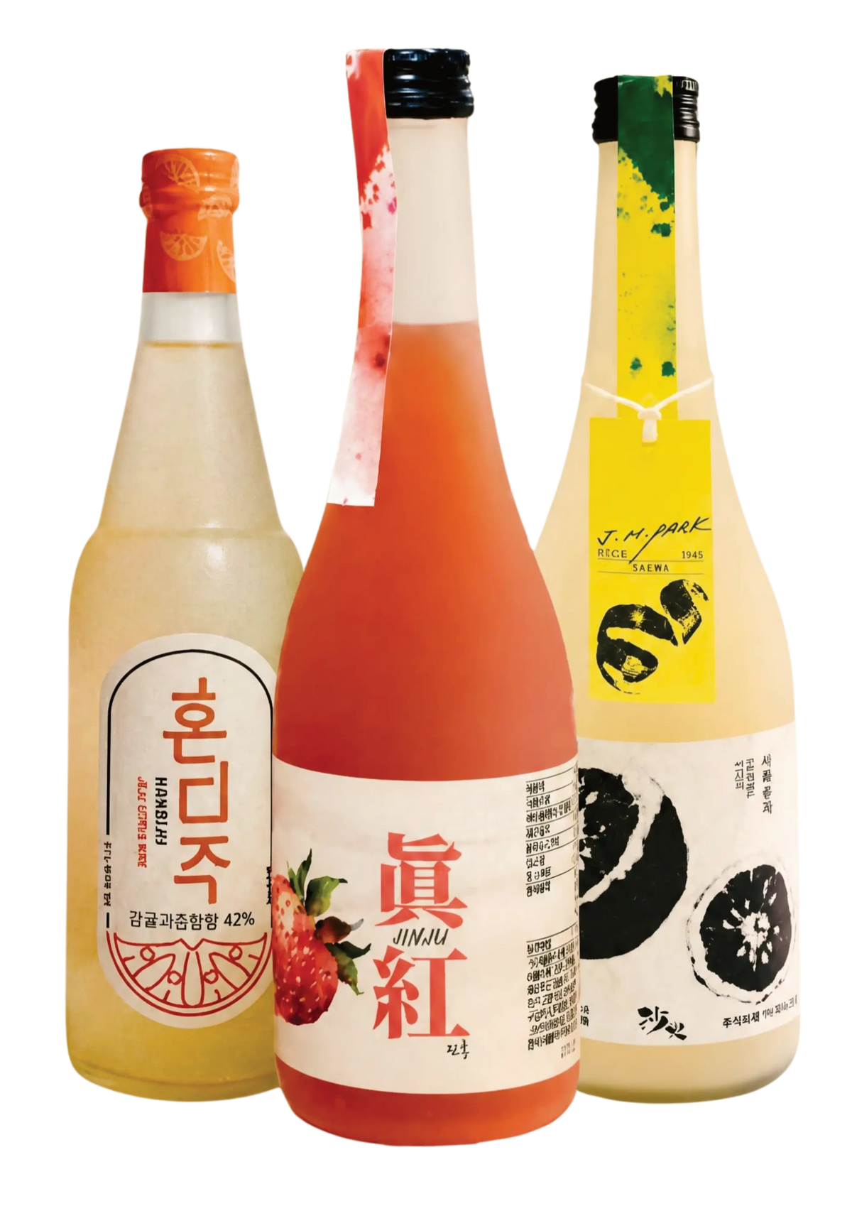 Three Korean rice wine bottles arranged side by side on a plain white background. The left bottle has a pale yellow liquid and an orange label; the center bottle contains a pinkish-red liquid with a white label featuring red characters and a strawberry graphic; the right bottle has a pale liquid with a yellow label and black fruit illustrations.