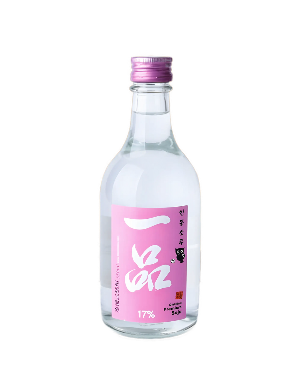 A clear glass bottle of Korean soju with a pink label and a metallic purple cap, shown on a solid white background. Ilpoom Andong Soju 17% - distilled rice soju - cult 