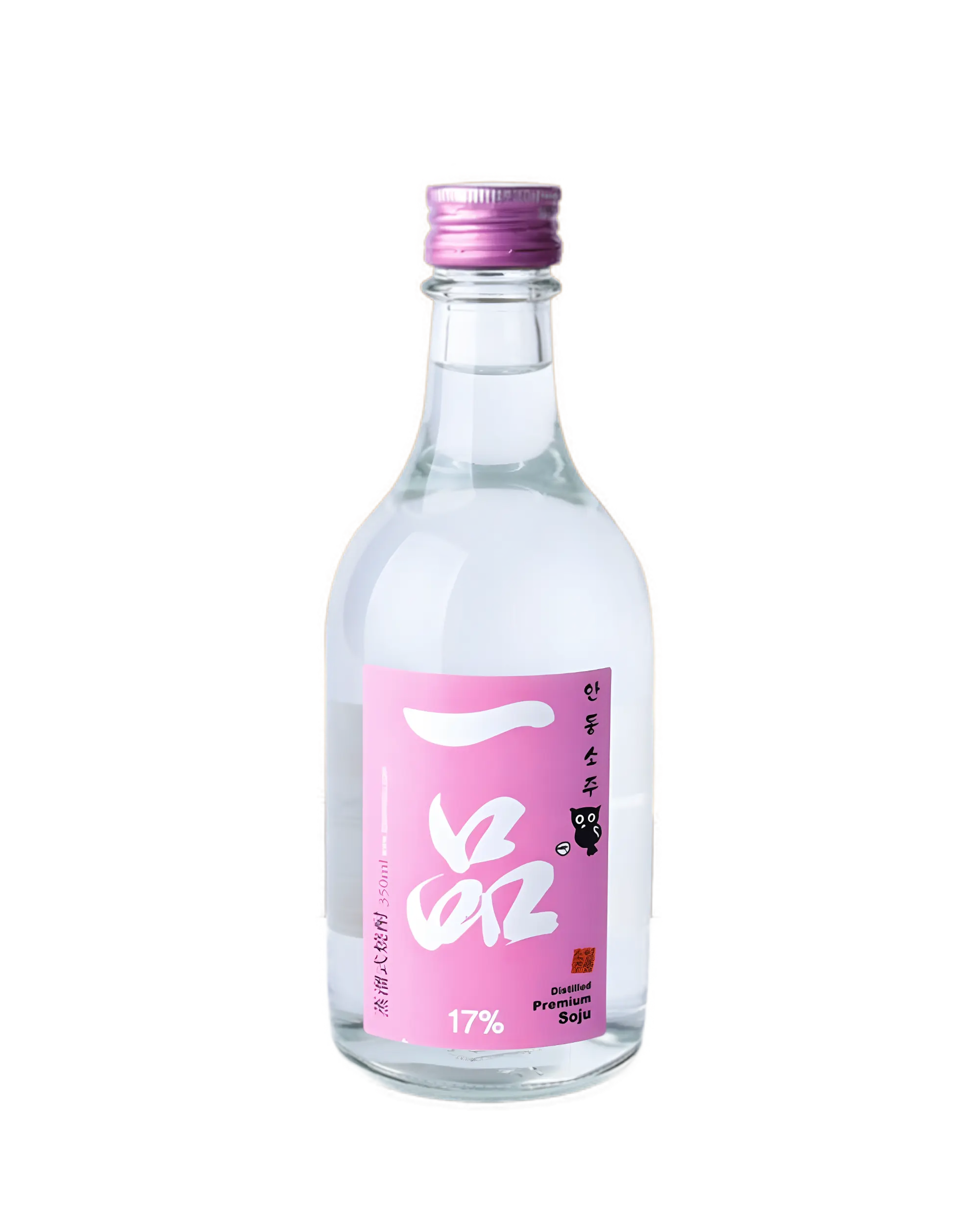 A clear glass bottle of Korean soju with a pink label and a metallic purple cap, shown on a solid white background. Ilpoom Andong Soju 17% - distilled rice soju - cult 