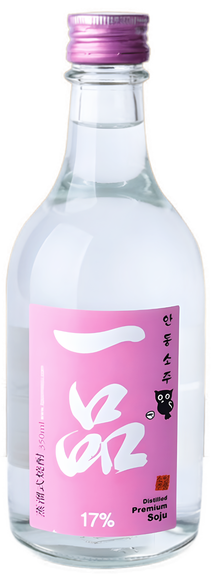 A clear glass bottle of Korean soju with a pink label. Ilpoom Andong Soju 17% - distilled rice soju - cult 