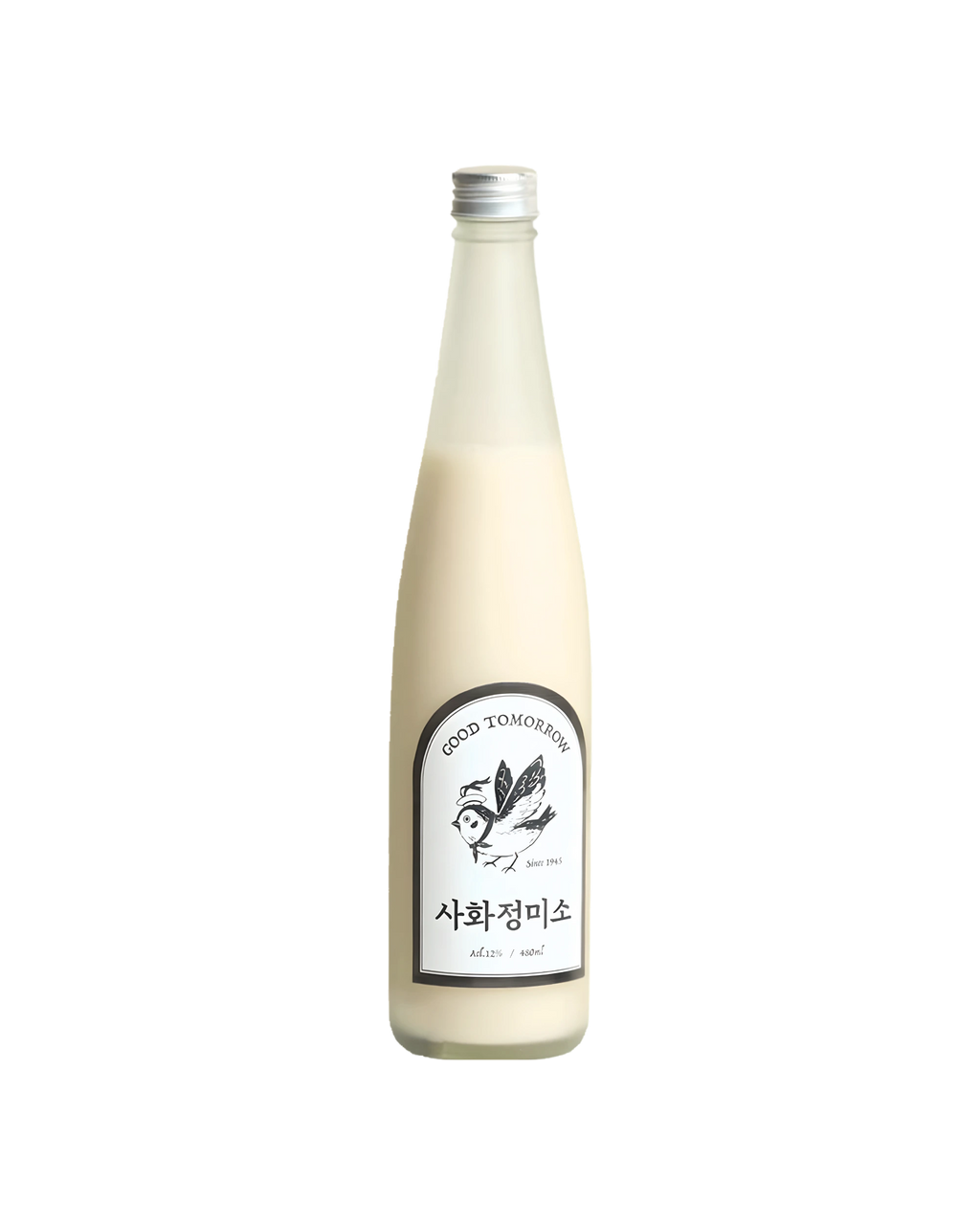 A tall, slender glass bottle filled with a creamy off-white liquid, featuring a white label with black text and bird illustration, and a silver screw cap, isolated on a white background.

Sahwajeongmiso Makgeolli - Good Tomorrow Brewery - cultsool