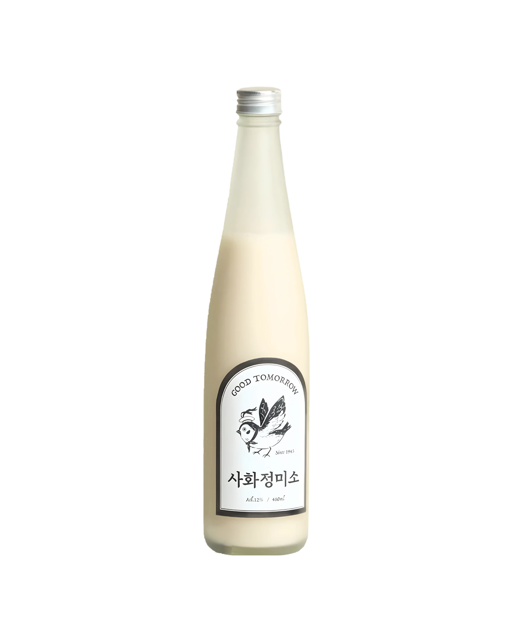 A tall, slender glass bottle filled with a creamy off-white liquid, featuring a white label with black text and bird illustration, and a silver screw cap, isolated on a white background.

Sahwajeongmiso Makgeolli - Good Tomorrow Brewery - cultsool