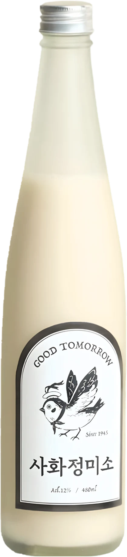 A tall, slender glass bottle filled with a creamy off-white liquid, featuring a white label with black text and bird illustration, and a silver screw cap.

Sahwajeongmiso Makgeolli - Good Tomorrow Brewery - cultsool