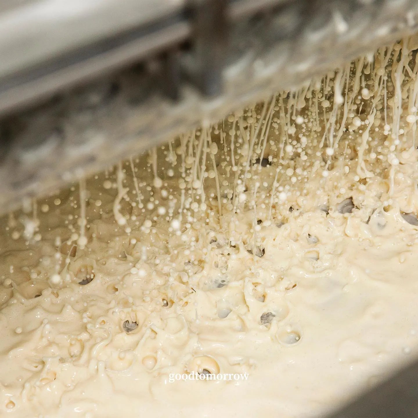 Close-up of creamy makgeolli (Korean rice wine) dripping from a metal pouring surface, with small dark inclusions visible in the liquid. A faint 'goodtomorrow' watermark appears near the bottom.

Sahwajeongmiso Makgeolli - Good Tomorrow Brewery - cultsool